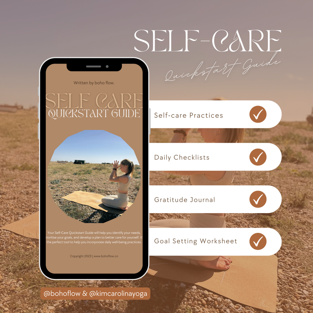 Image shows a design for a free, downloadable self-care guide that includes worksheet, checklists, and a gratitude journal. 