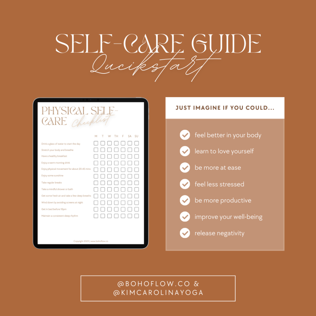 Image shows another design for a free, downloadable self-care guide that includes worksheet, checklists, and a gratitude journal to help people get started.